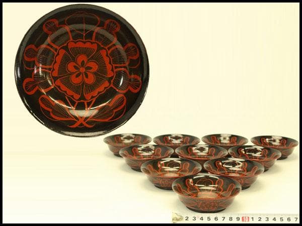 朱漆 輪花模様 小皿 十件 時代物(A733)