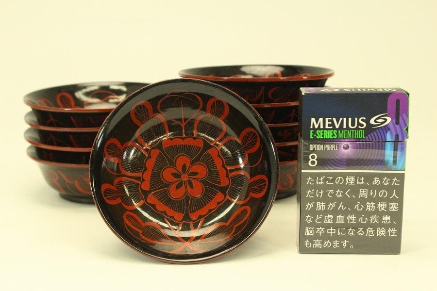 朱漆 輪花模様 小皿 十件 時代物(A733)