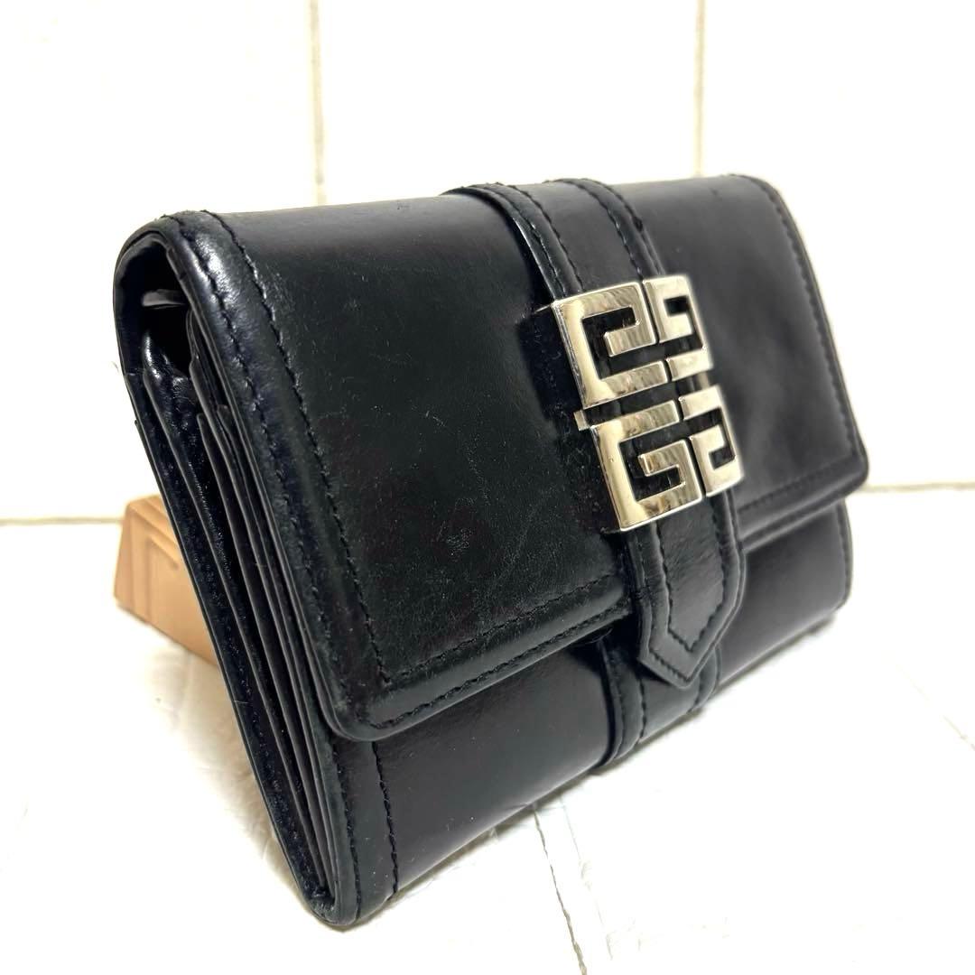 希少 ジバンシー メタル ビッグ ロゴ レザー 二つ折り 財布 黒 ヴィンテージ