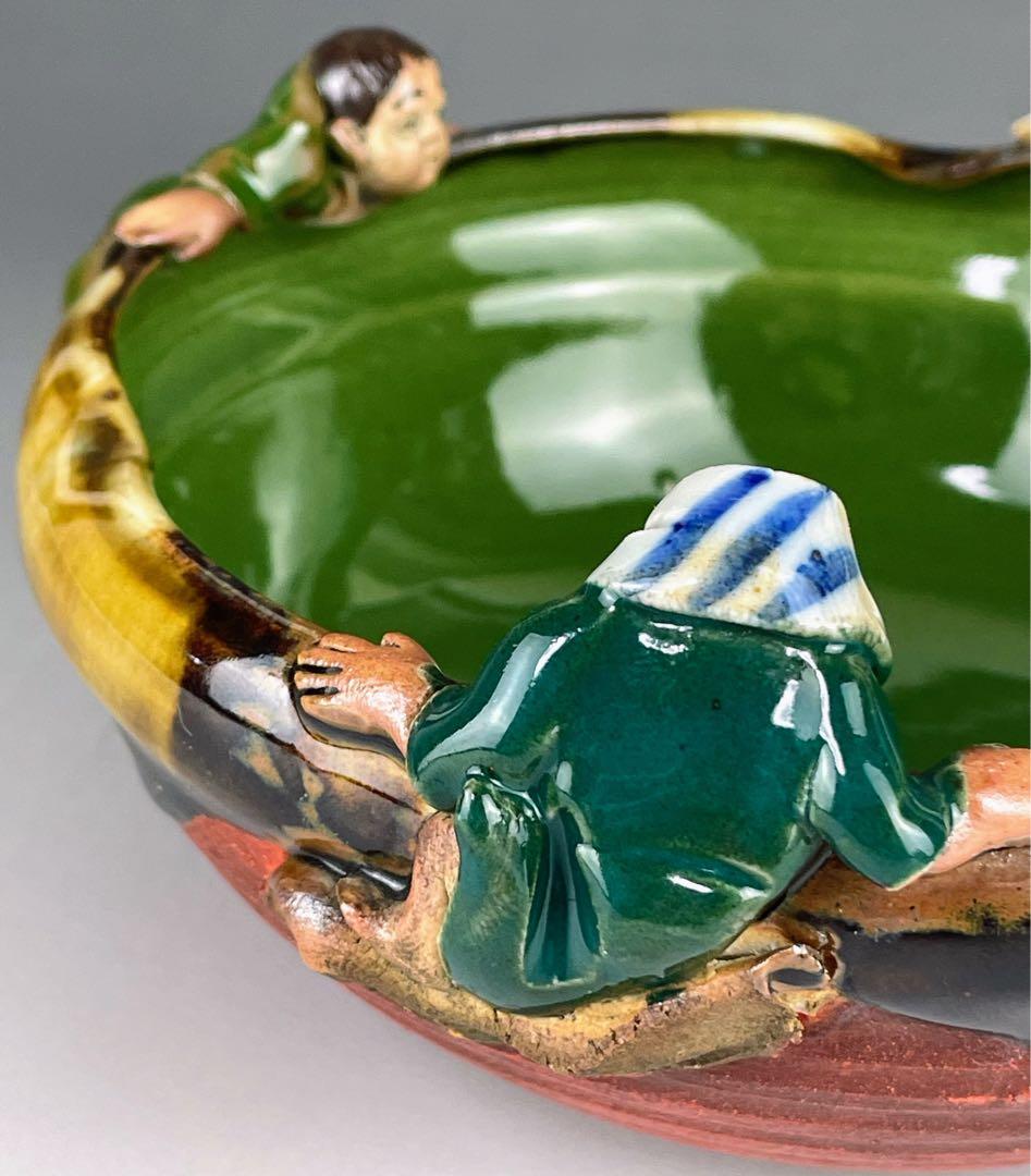 隅田焼 井上良斎 高浮彫人物立体造形焼物 明治期 ボウル トレイ 深皿 鉢