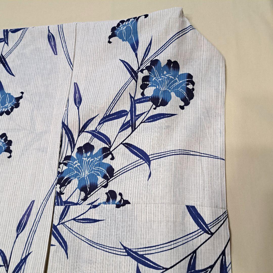 美品 本染め 浴衣　裄67 麻混　百合柄