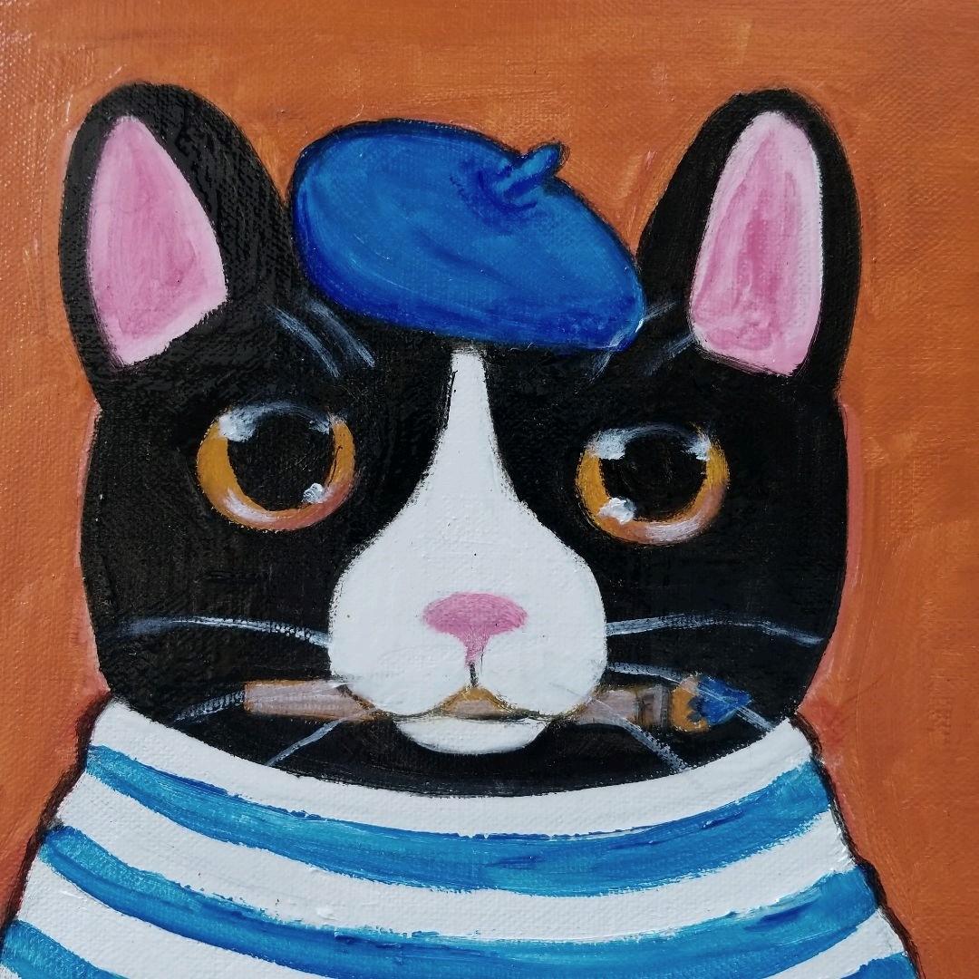 油絵 　専用　バスクシャツを着て自画像を描く猫