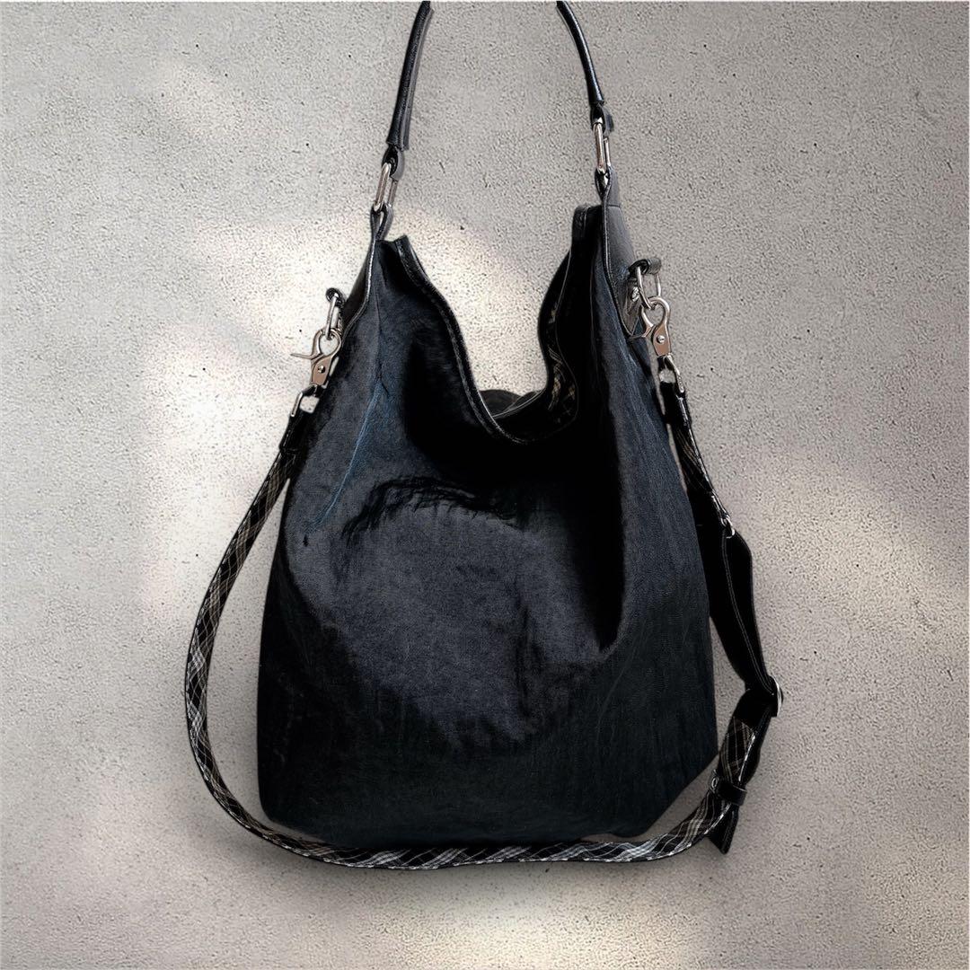 バーバリーブルーレーベル 2way ショルダーバッグ ナイロン×レザー 黒