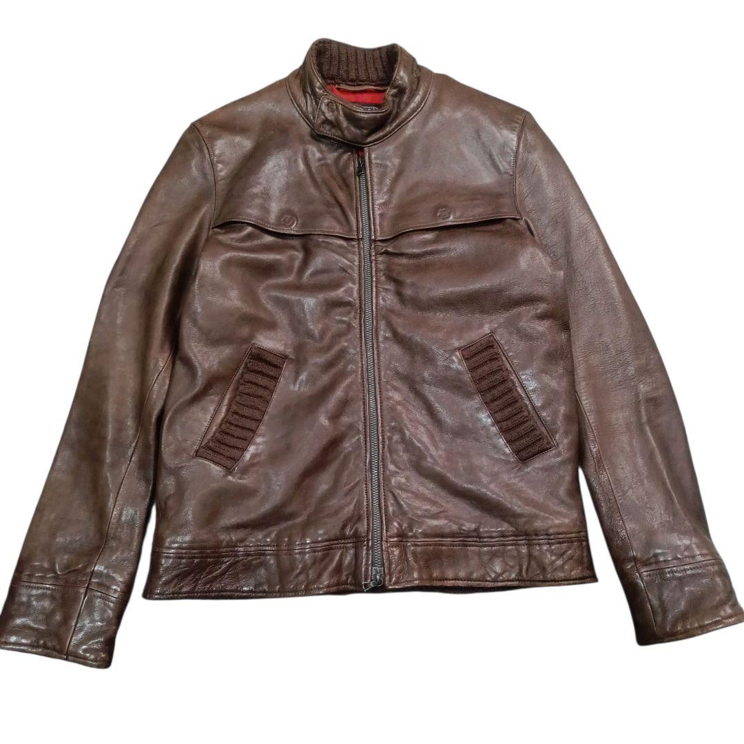 ✨BLUE WORK ラム 裏地チェック 立襟 riri シングルライダース