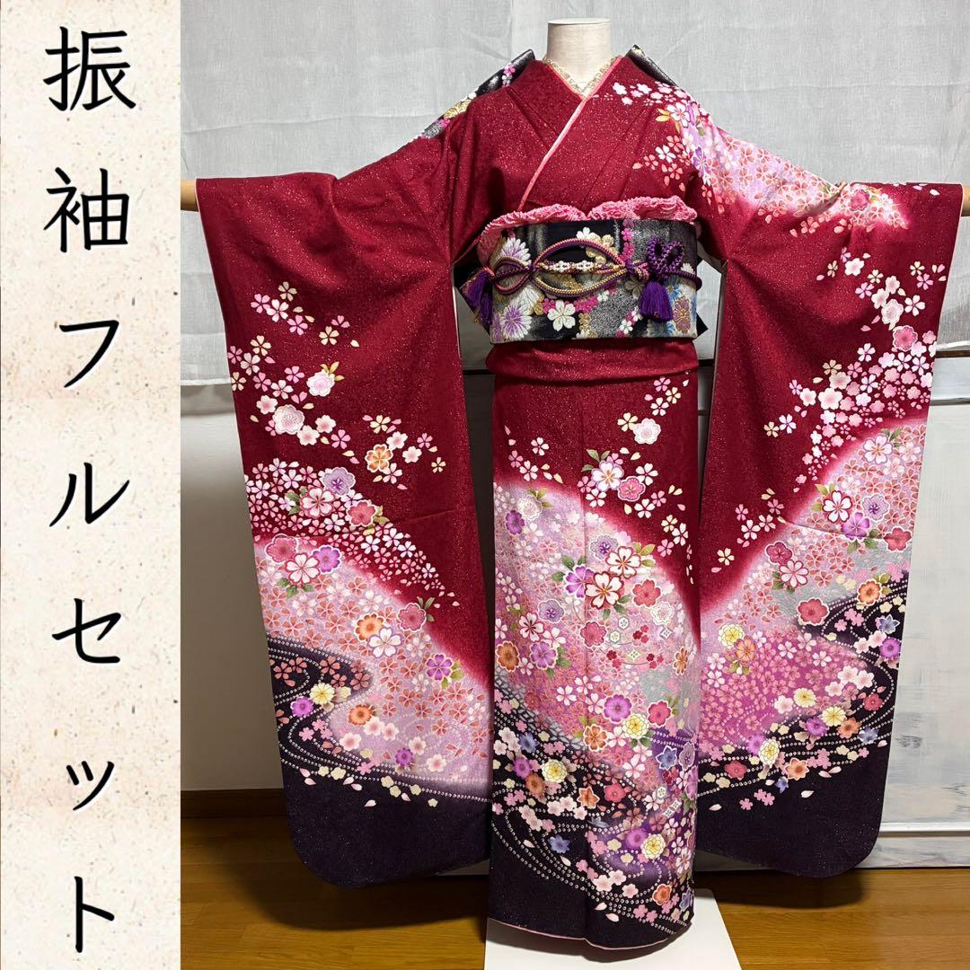 【振袖フルセット】+小物セット 豪華百花文様 深紅 銀糸 7点セット