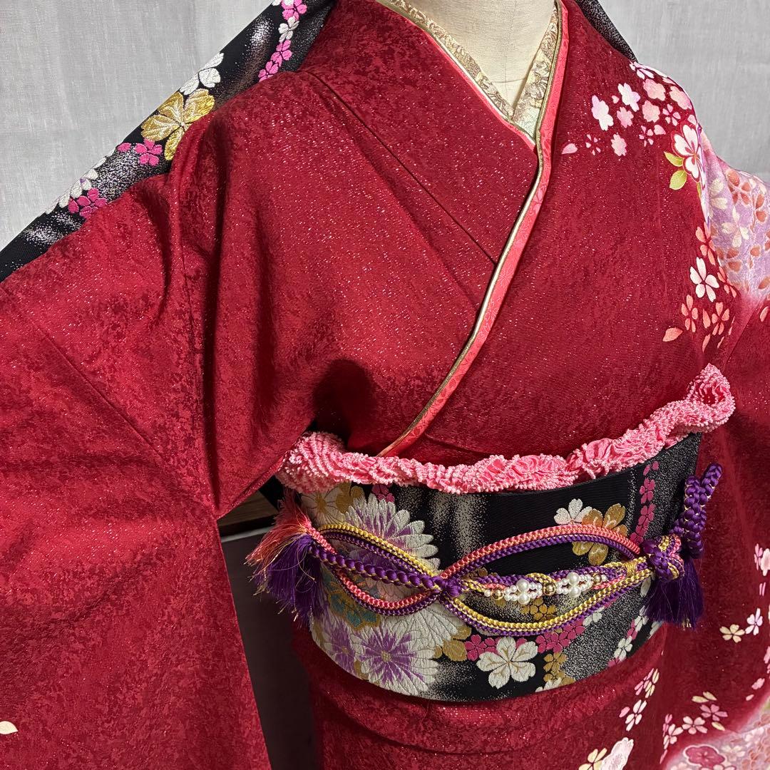 【振袖フルセット】+小物セット 豪華百花文様 深紅 銀糸 7点セット