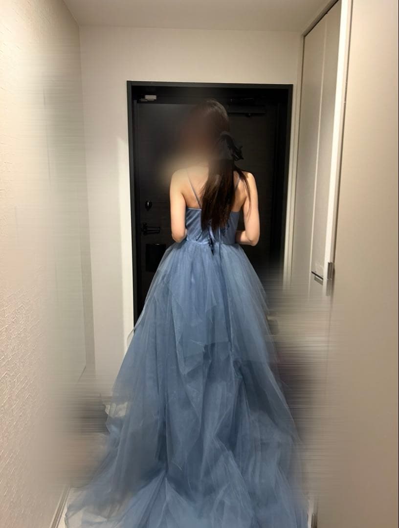 【美品】カラードレス　韓国Aラインイブニングドレス　ブルー