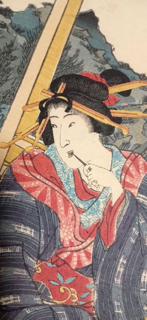 浮世絵版画、げんじ今様絵巻三枚綴り 二代国貞と国玉の合筆安政5年（1858)出版