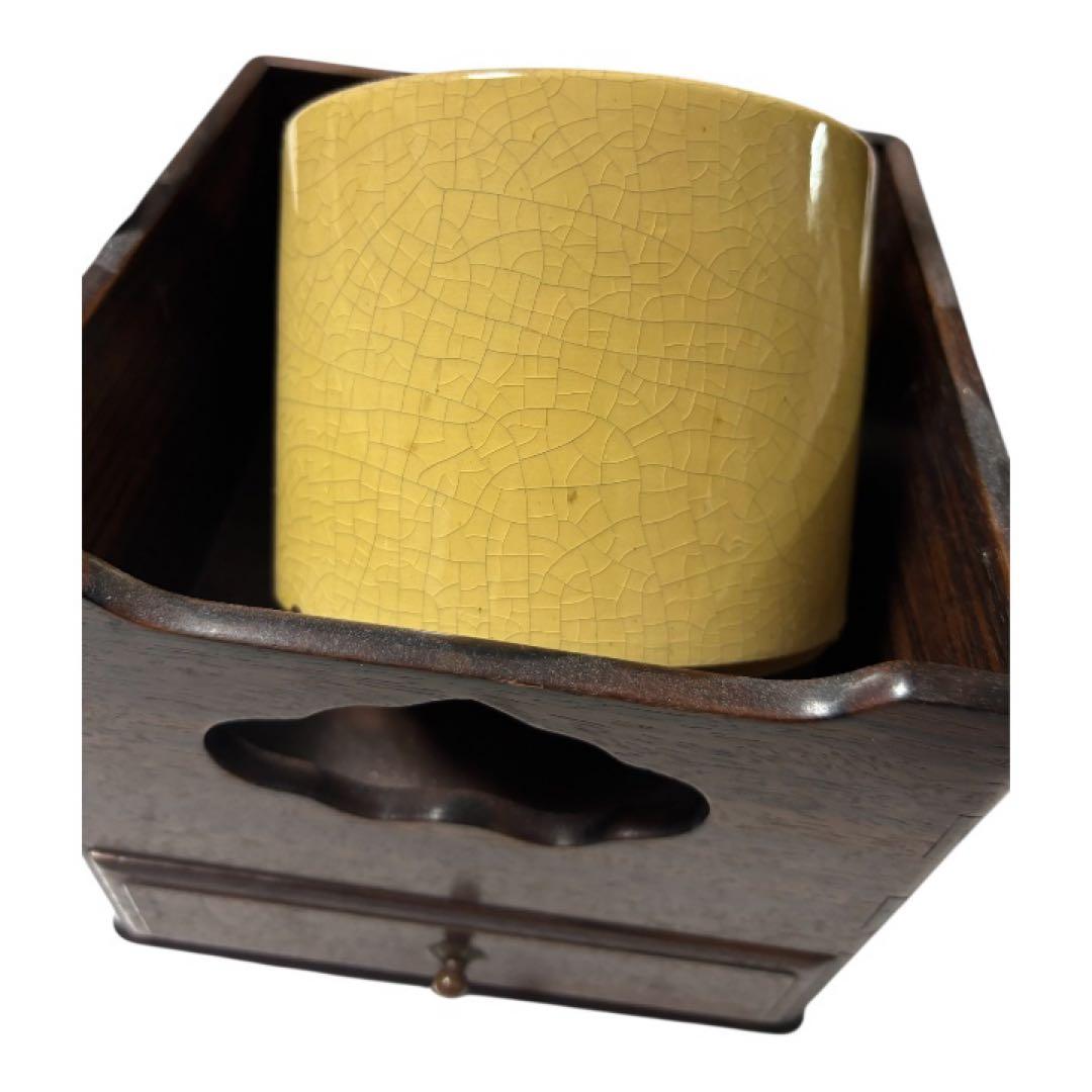 文房紫檀木牛毛紋　細密作　持ち手付き煙草盆 ➕火入れ　茶道具