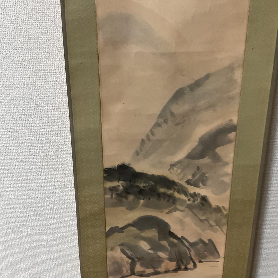 紙本水墨山水画 【 木曾川下り 】 作者不詳 落款印譜在 表具緞子仕立