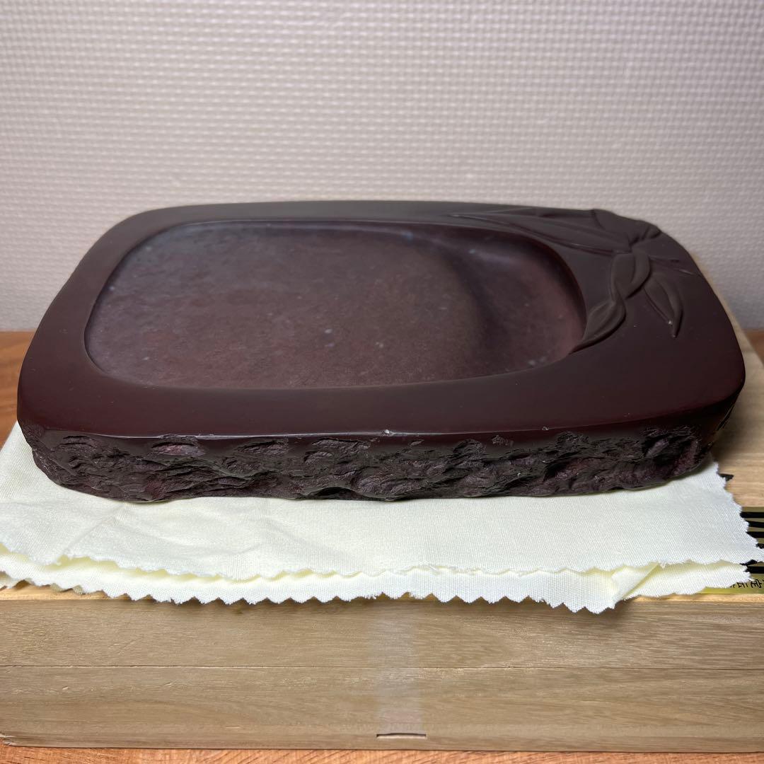 ⭕️赤間硯　昭竜山　19cm 笹彫刻野面硯　くすのき製硯　伝統工芸士　下井百合昭