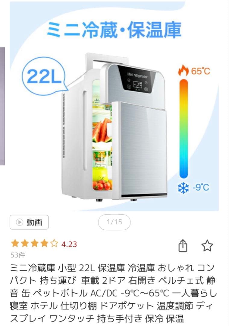 【保温可】ミニ冷蔵庫 22L 軽量 持ち手付き 持ち運び楽々 静音 車内 送料込