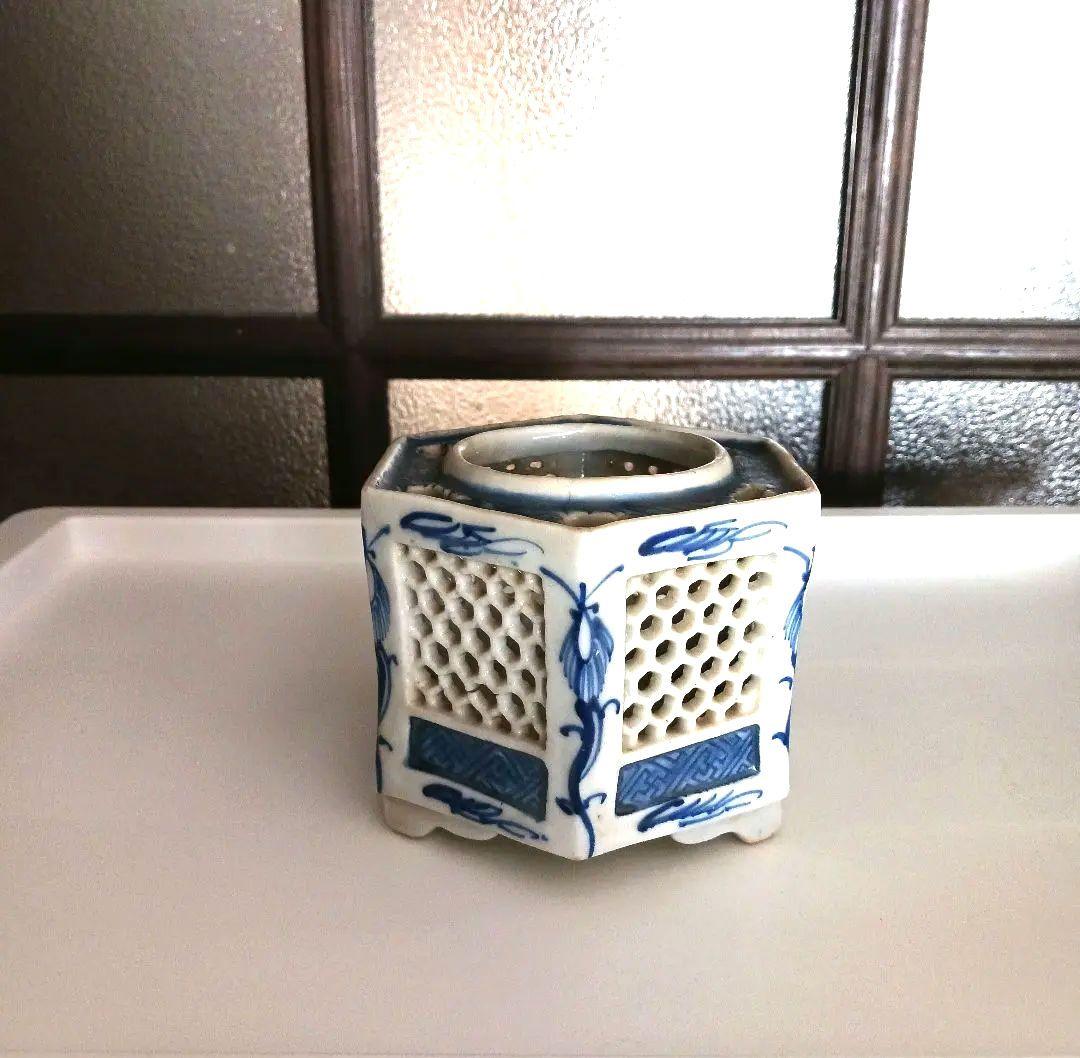 古伊万里　染付六角透かし盃台