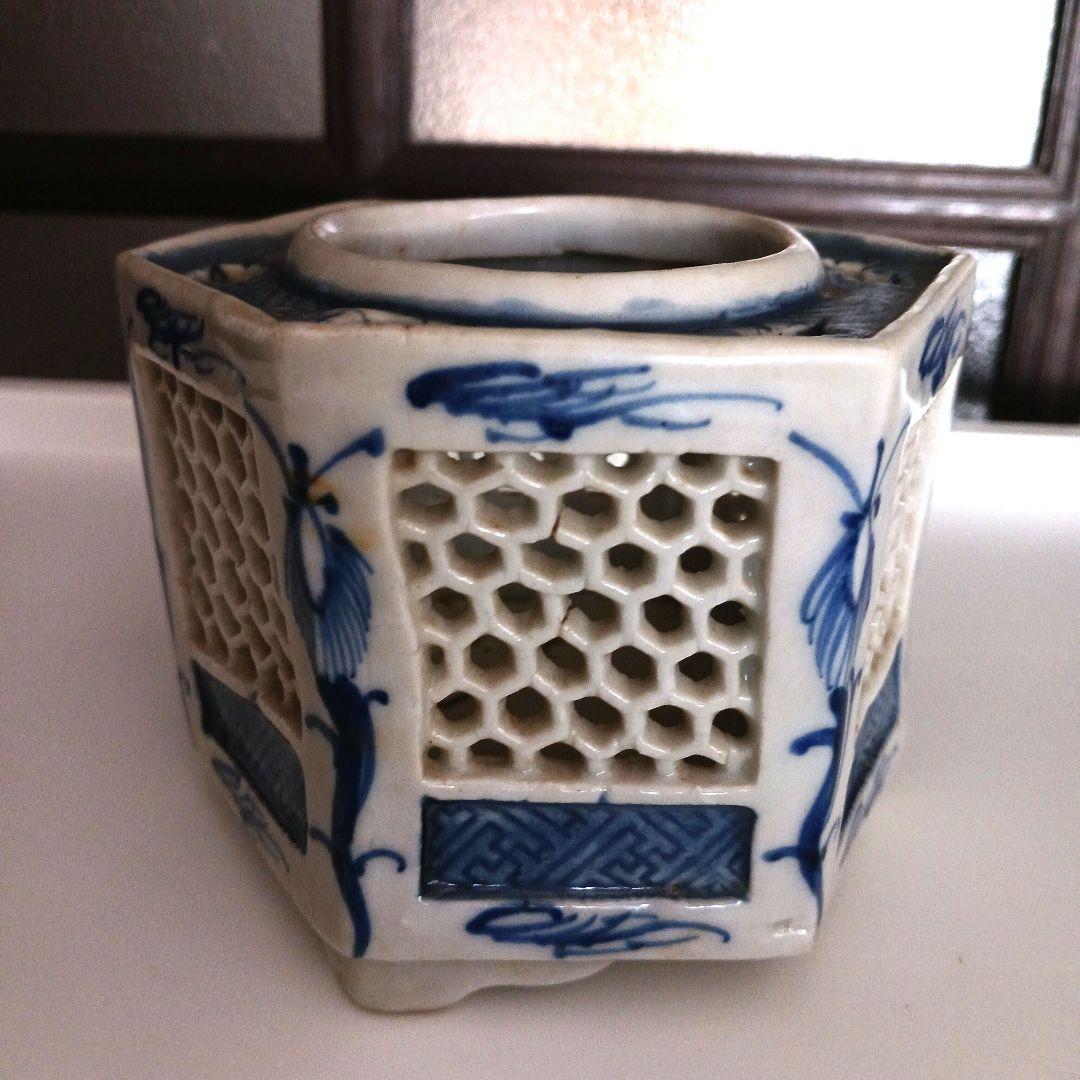 古伊万里　染付六角透かし盃台