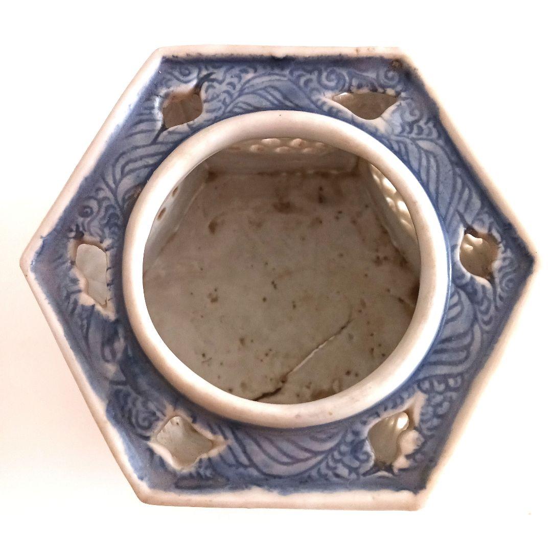 古伊万里　染付六角透かし盃台