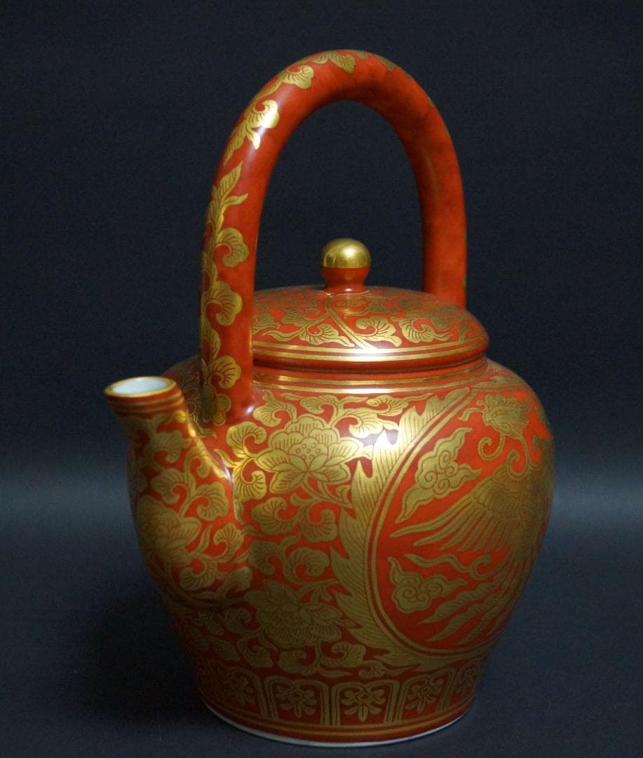 煎茶碗道具三浦竹軒（造）醉竹山房主人金襴手『双鳳図』上手水注 急須 共箱 茶道具