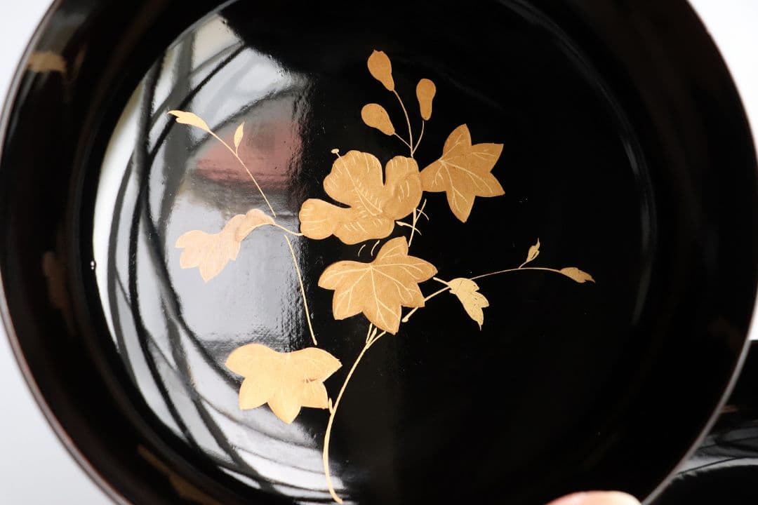 CL37 輪島塗 諫鼓鶏金蒔絵 黒塗椀 五客 木製漆器 鶏 太鼓 草花