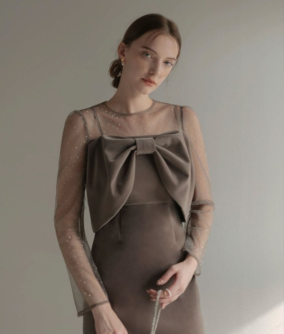 【LEJA】2WAYリボンビスチェドットストーンベロアIラインドレスワンピースM