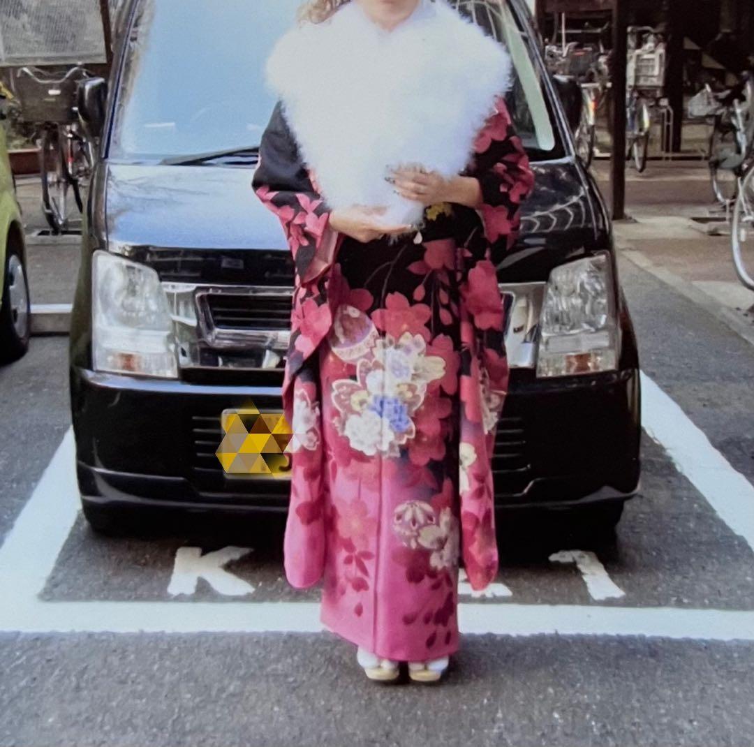 最終値下げ！振袖フルセット　黒とピンクの花柄