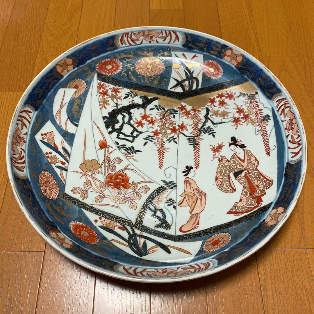 江戸時代　元禄　伊万里色絵窓抜美人花鳥図大飾皿