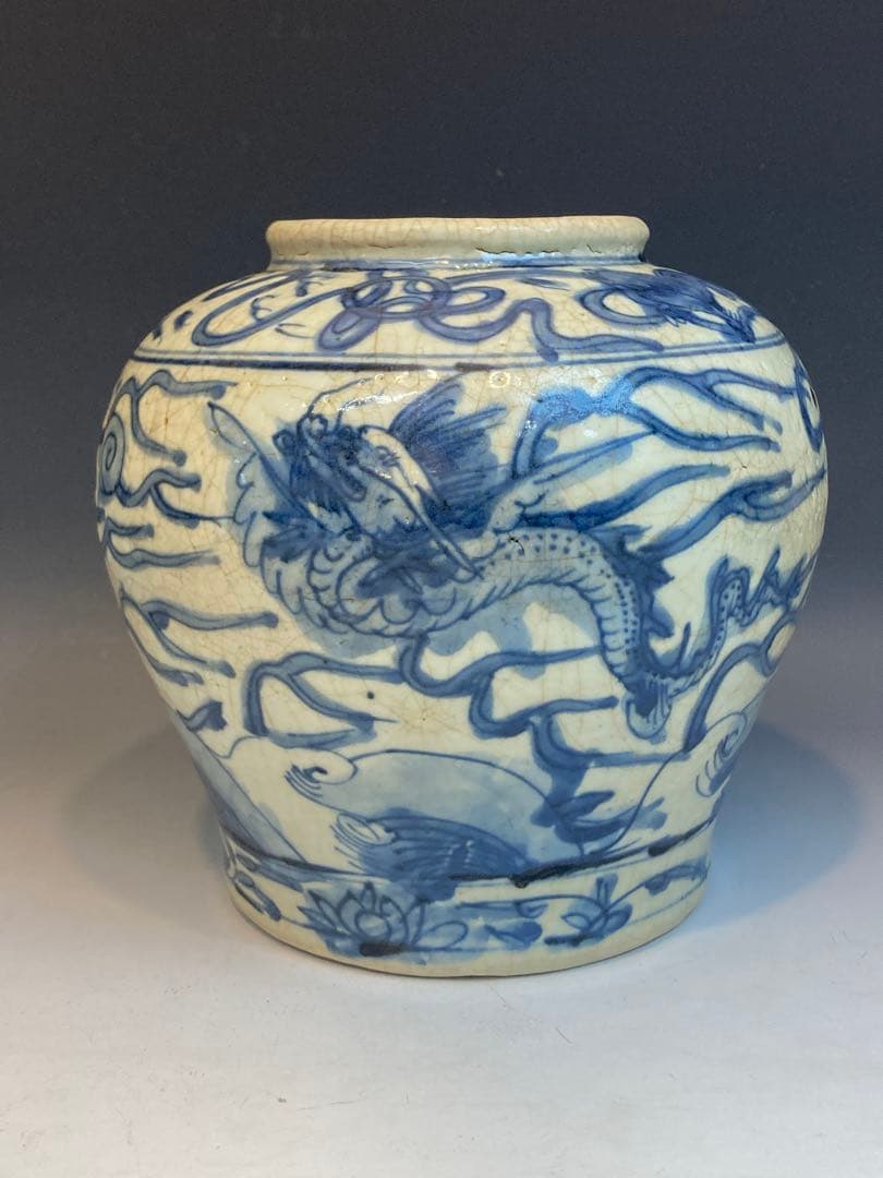 古染付龍獅子紋壷 明時代 中国古陶磁 花瓶