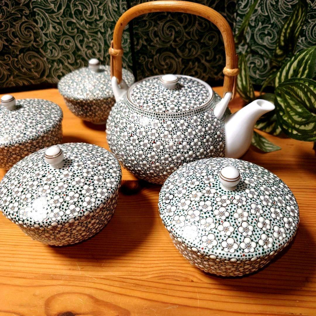 雅秀作 浦川雅秀 有田焼 玉彩 梅詰 茶器揃 急須 蓋付湯呑 4客 計 5点