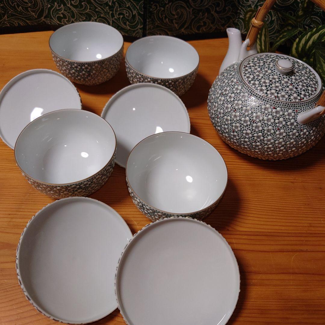 雅秀作 浦川雅秀 有田焼 玉彩 梅詰 茶器揃 急須 蓋付湯呑 4客 計 5点