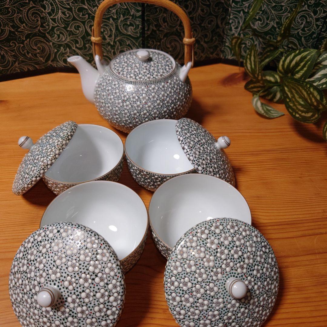 雅秀作 浦川雅秀 有田焼 玉彩 梅詰 茶器揃 急須 蓋付湯呑 4客 計 5点