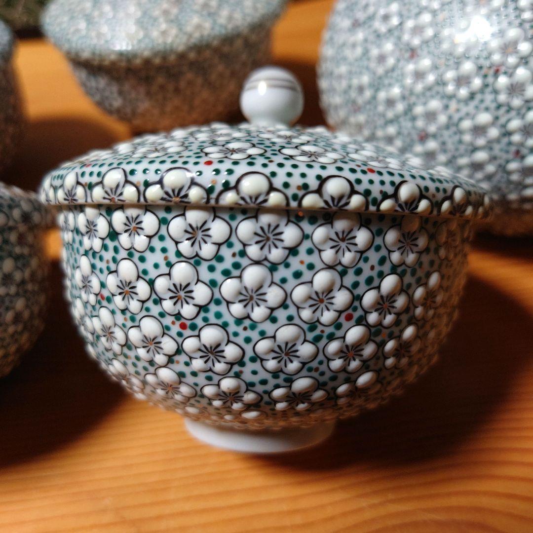 雅秀作 浦川雅秀 有田焼 玉彩 梅詰 茶器揃 急須 蓋付湯呑 4客 計 5点