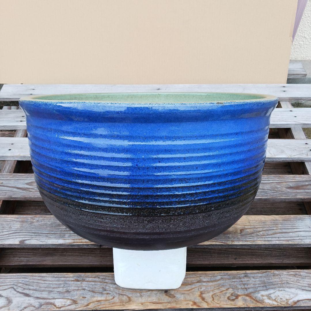 新品　∅50　陶器　睡蓮鉢　特大　難有　メダカ鉢　手造り　青＆緑色　高級　LLB