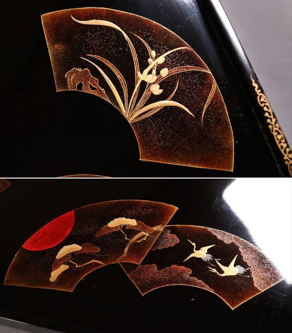 時代 広蓋 二枚組 59.1cm 扇面めでた図蒔絵 長方盆 木製【MA278】