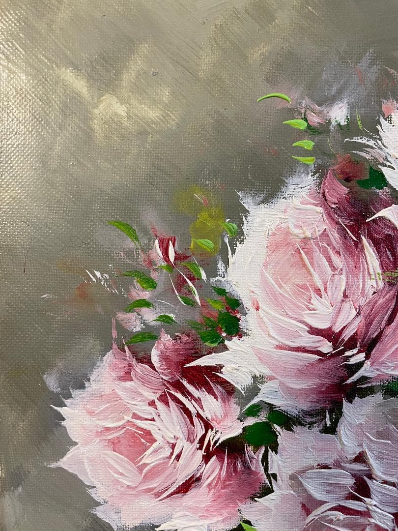 ぽ*り様 「真作」岸本芳雄「ばら」静物画　油彩画　額装　サイン有り　F6号