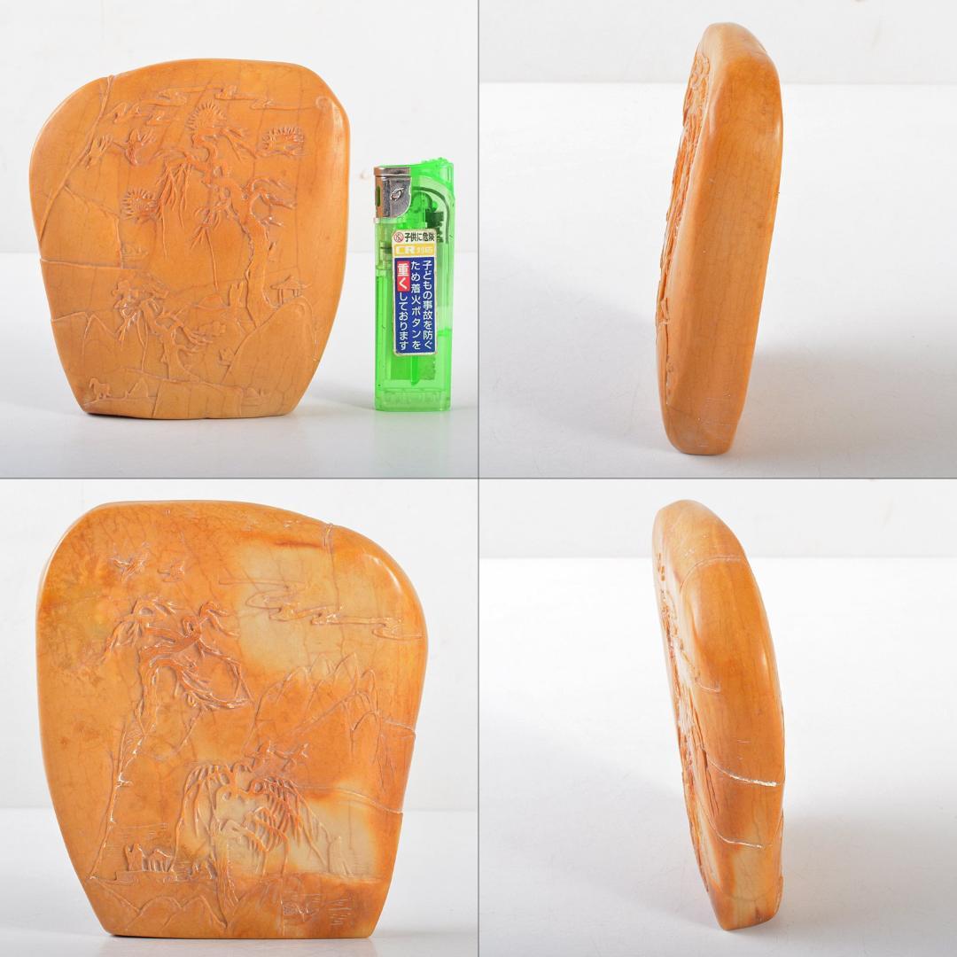 中国　玉石彫刻　山水人物刻　置物　時代箱付　M　R5736