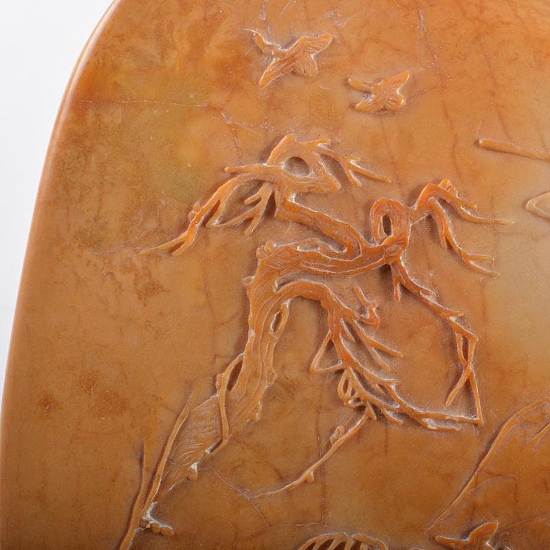 中国　玉石彫刻　山水人物刻　置物　時代箱付　M　R5736