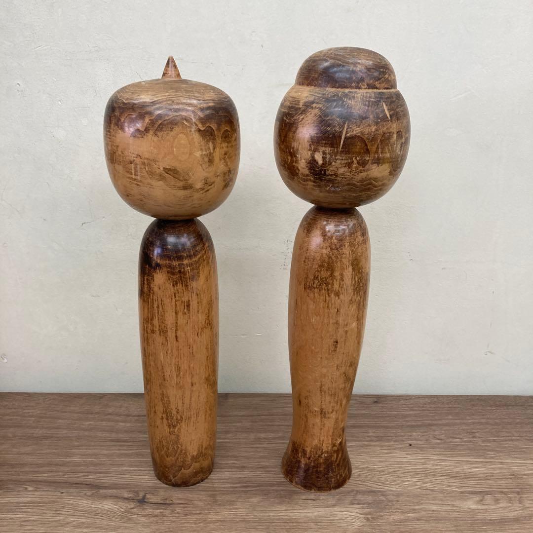 D-3 【味のある経年美】伝統工芸 木製 こけし 2体セット 素地 木地山