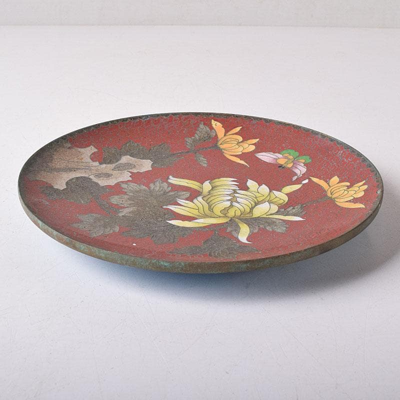 中国　古七宝琺瑯彩　花蝶文盤　皿　V　R8772