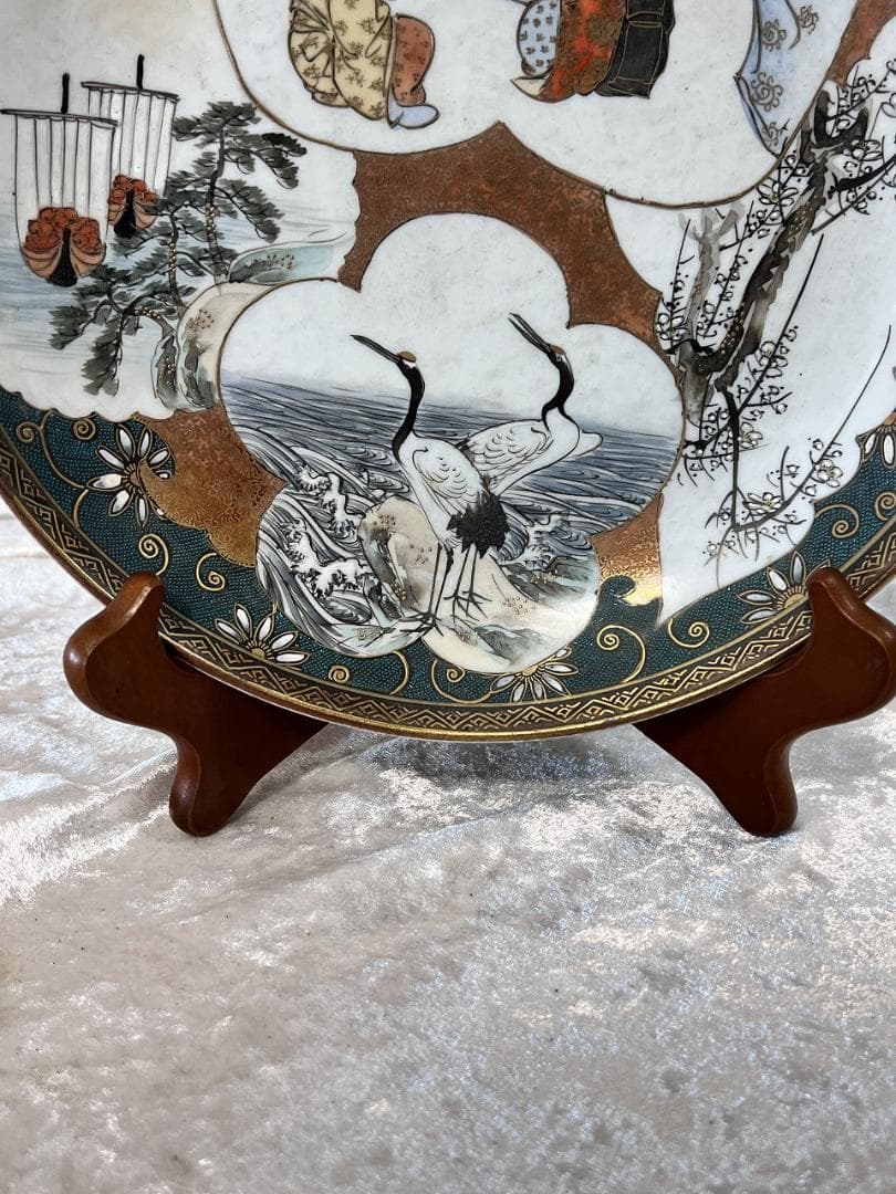 九谷焼青粒金彩割取皿　明治期 松竹紋　双鶴紋　翁紋