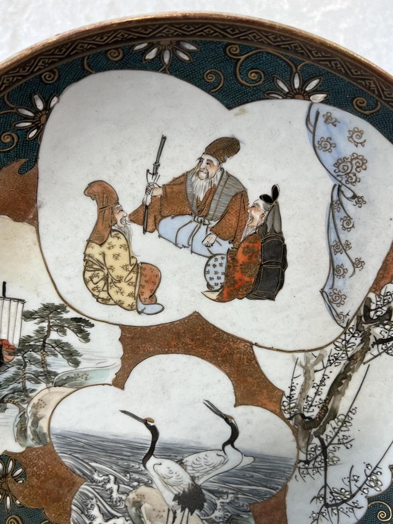 九谷焼青粒金彩割取皿　明治期 松竹紋　双鶴紋　翁紋