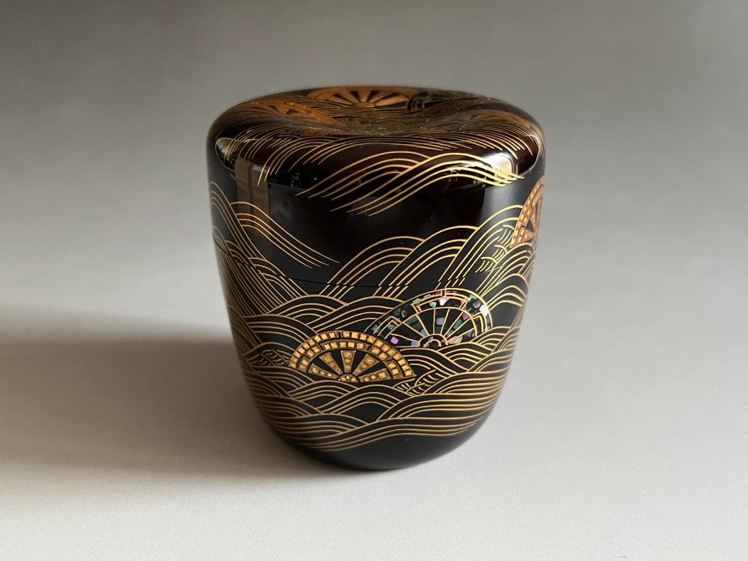 蒔絵師　岡本康光　波車蒔絵　竹大棗　茶道具　薄茶器