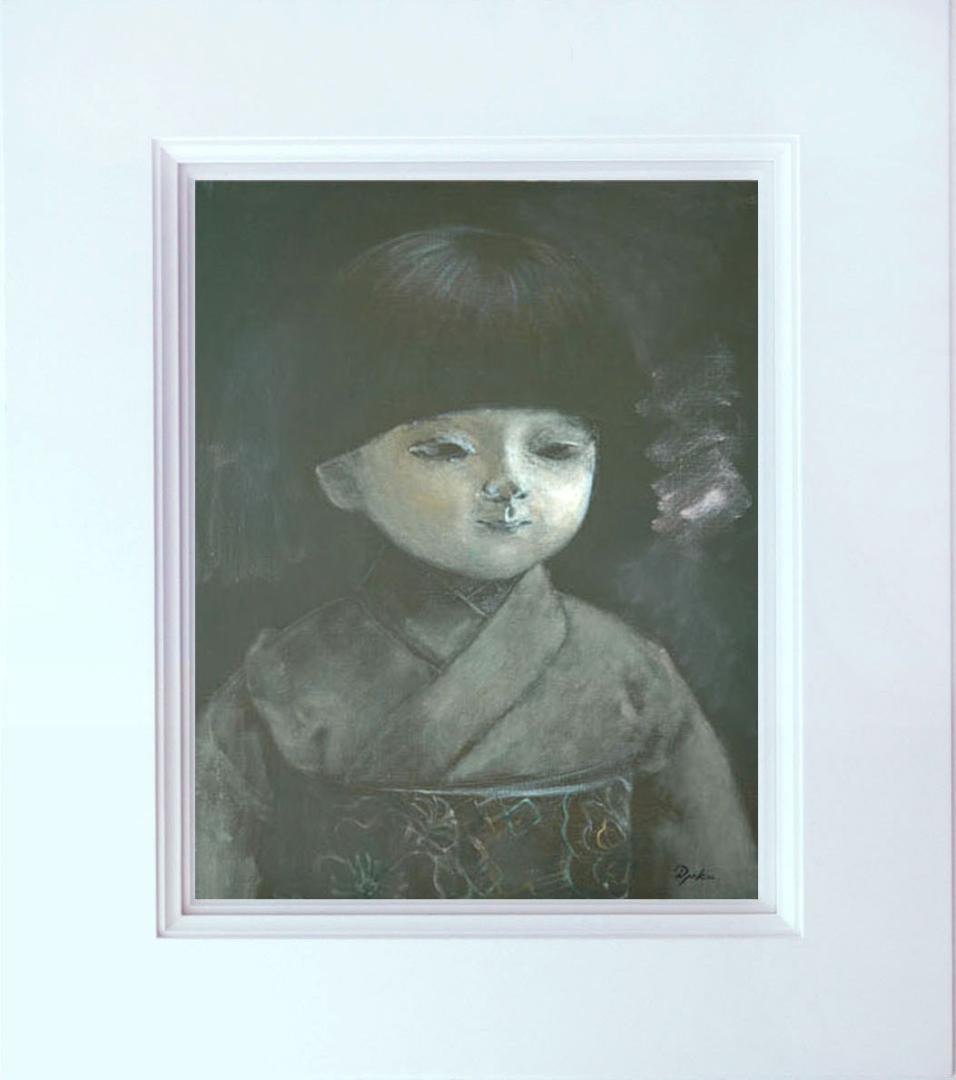 油絵 菅家令子 絵 絵画インテリア額付(青緑＋金色枠)F6-080118市松人形