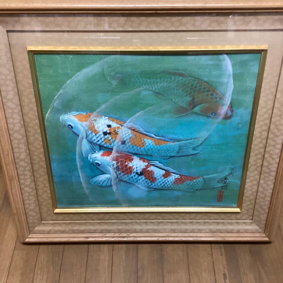 六代目　歌川豊国作　【　遊鯉図　】　木枠額装　日本画手描き板画
