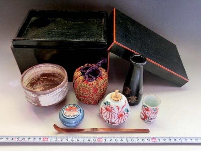 茶箱■利休茶箱 8点セット 京焼 赤絵　刷毛 振出茶入 茶碗 お茶道具 古美術■