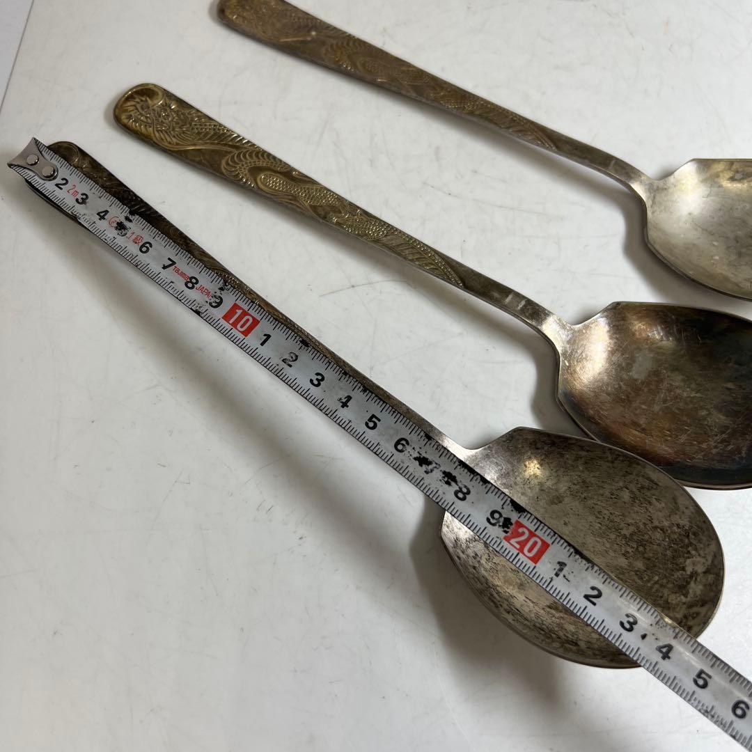 中国古玩　シャム銀　大さじ3点　317g/24.5㎝　東Y7-0630②