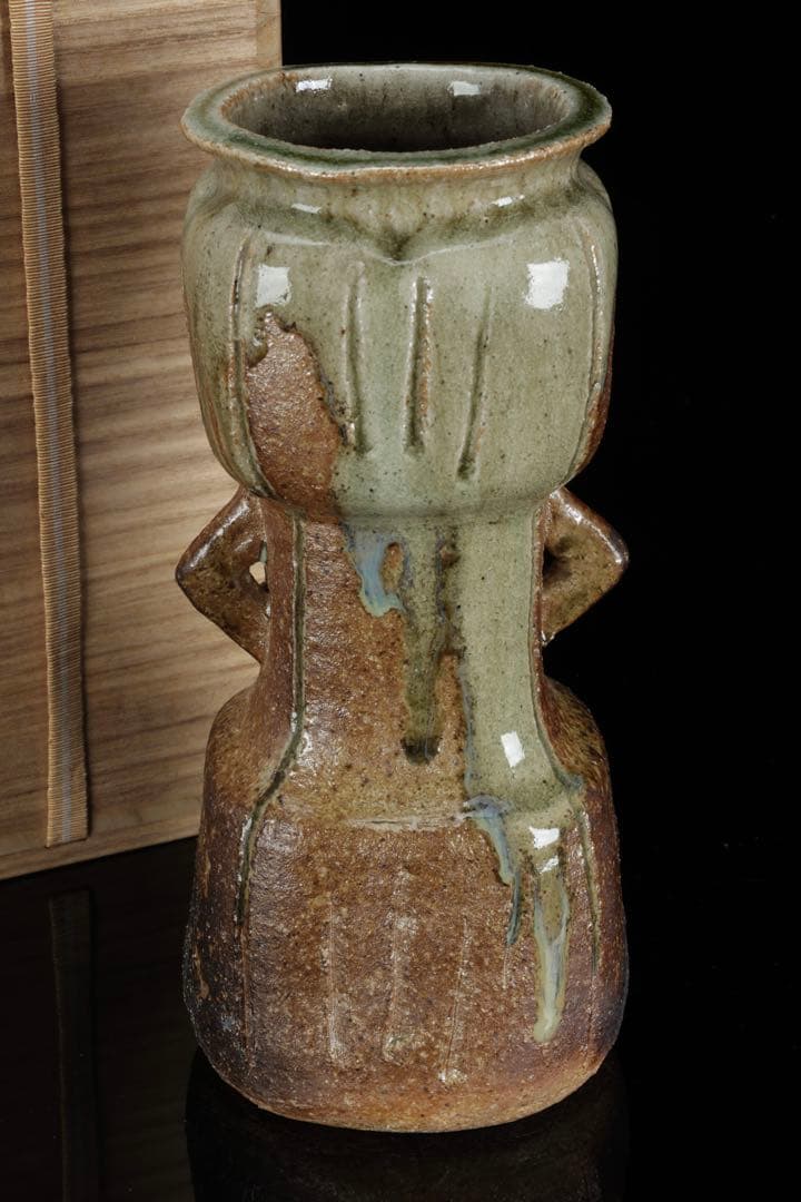 【三浦竹軒】 倣古伊賀窯 耳付花瓶 花入 花器 共箱付 在銘 古美術品 骨董品
