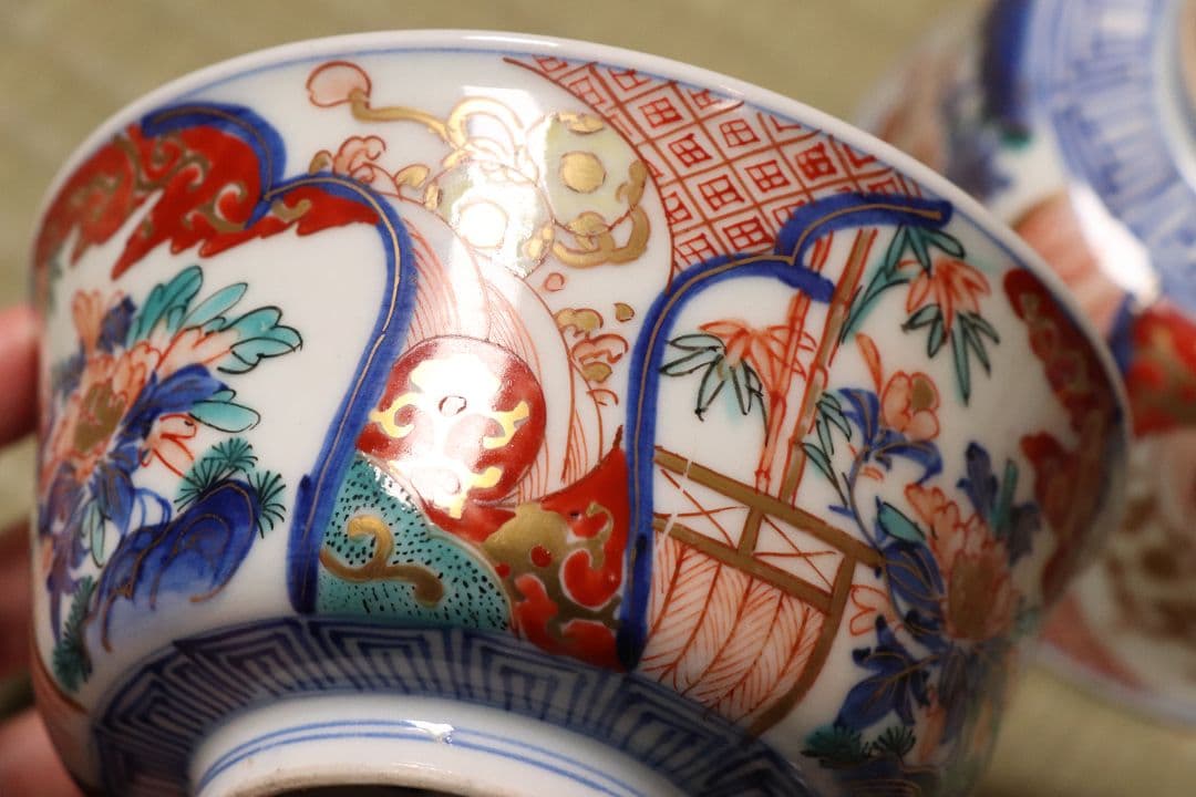 明治期 伊万里焼 冨貴長春 色絵蓋茶碗 五客 牡丹 草花 時代【CM54】