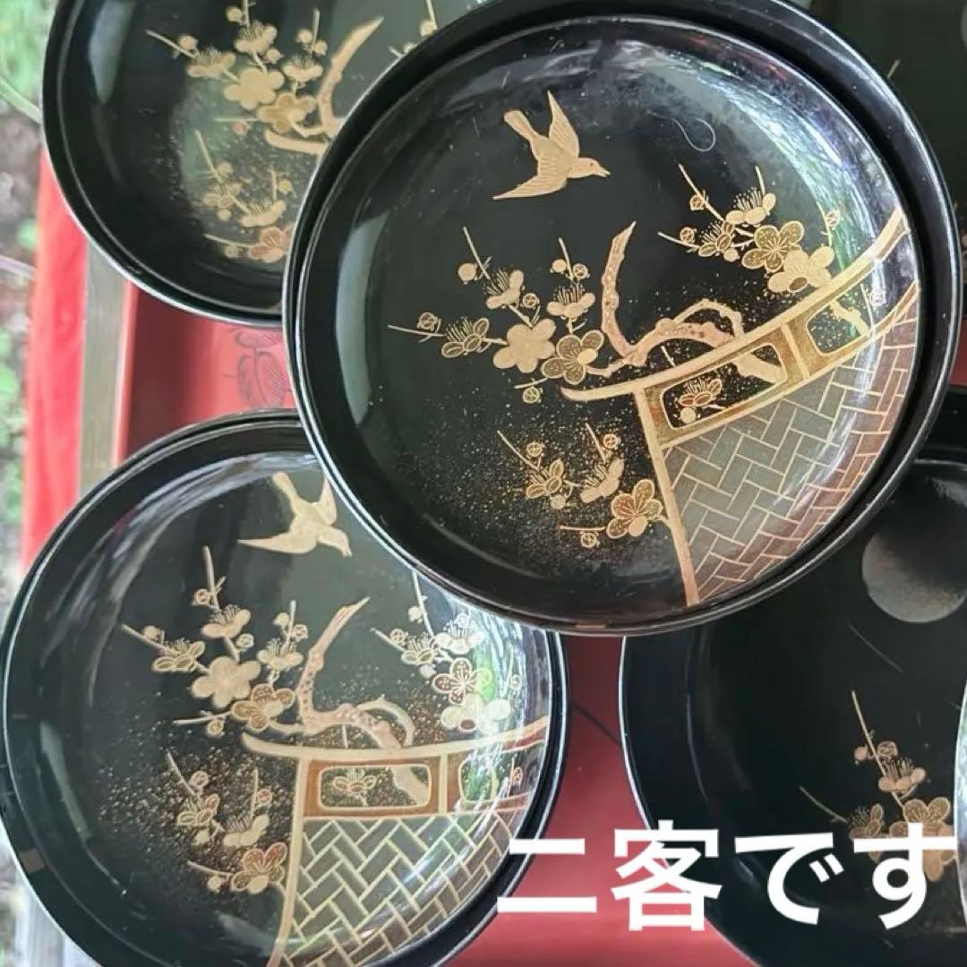 2182様感謝‼️JAPAN明治伏せ蒔絵天然木秘するが花‼️梅に鶯＆月　吸物椀 5客