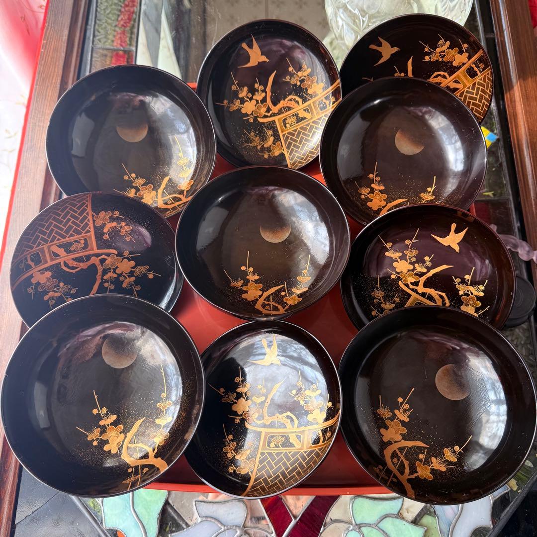 2182様感謝‼️JAPAN明治伏せ蒔絵天然木秘するが花‼️梅に鶯＆月　吸物椀 5客