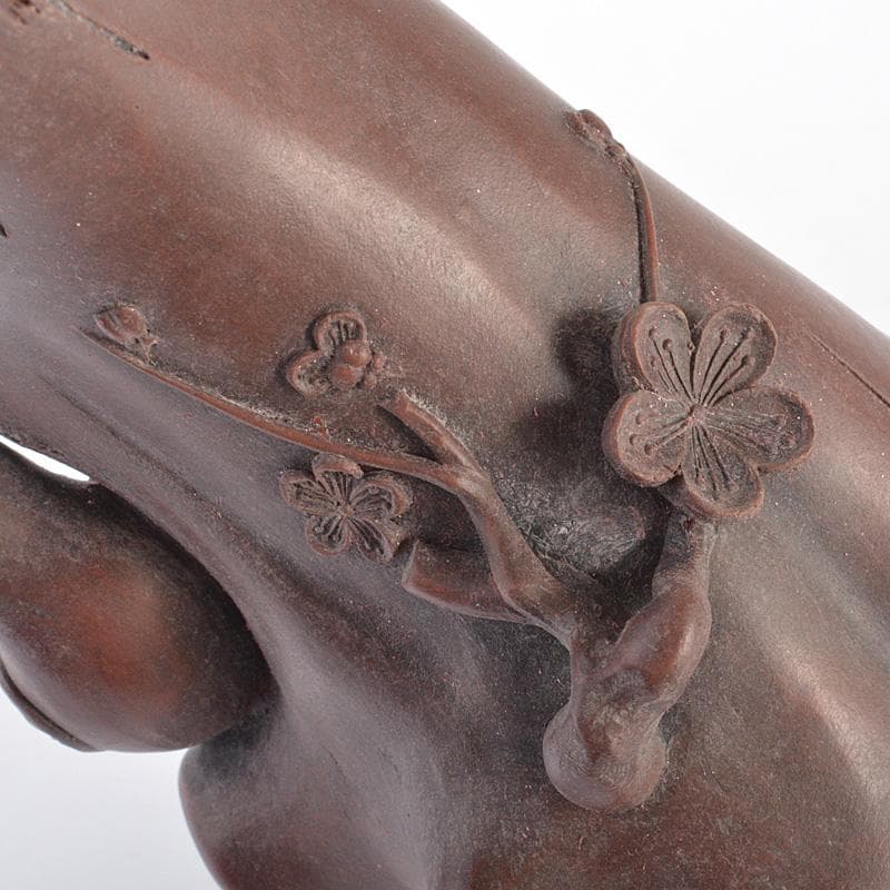 中国　紫砂　朱泥　梅に鳥彫　花瓶　在銘　V　R6460