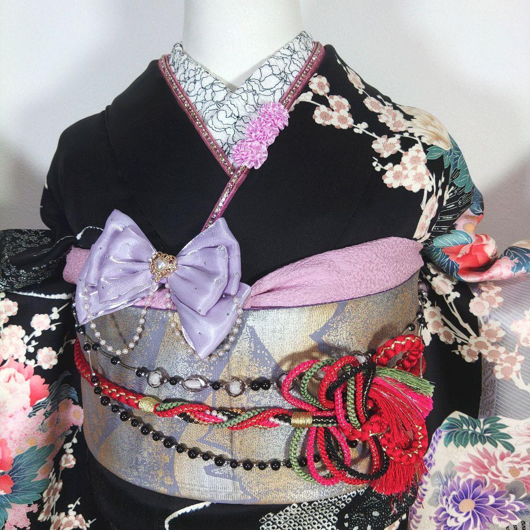 格安！！　振袖フルセット　11点　成人式　結婚式　前撮り　黒　ブラック　絞り　紫