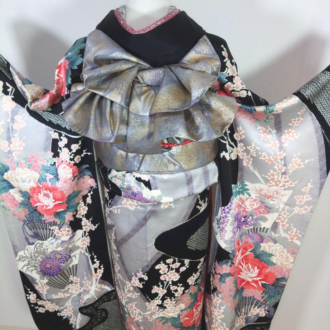 格安！！　振袖フルセット　11点　成人式　結婚式　前撮り　黒　ブラック　絞り　紫